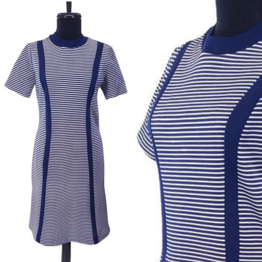 Vintage 1970s Navy Blue Striped Nautical Dress